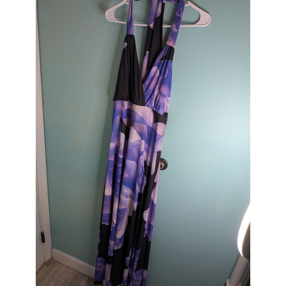 Venus Purple Black Abstract Floral Halter Maxi Dress Plus Size 1X Open Back Gown